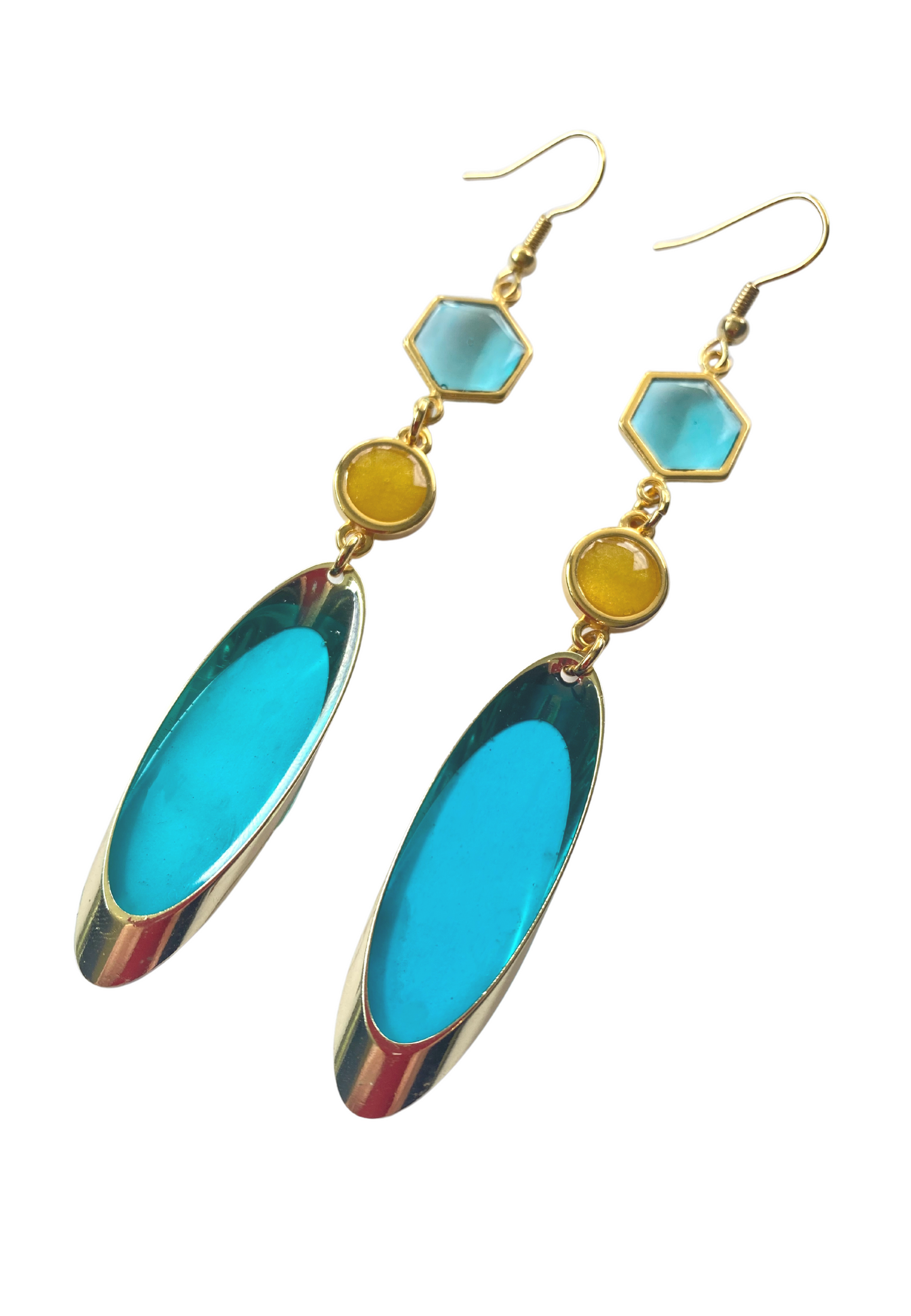 Lange meerkleurige oorhangers, blauw/geel