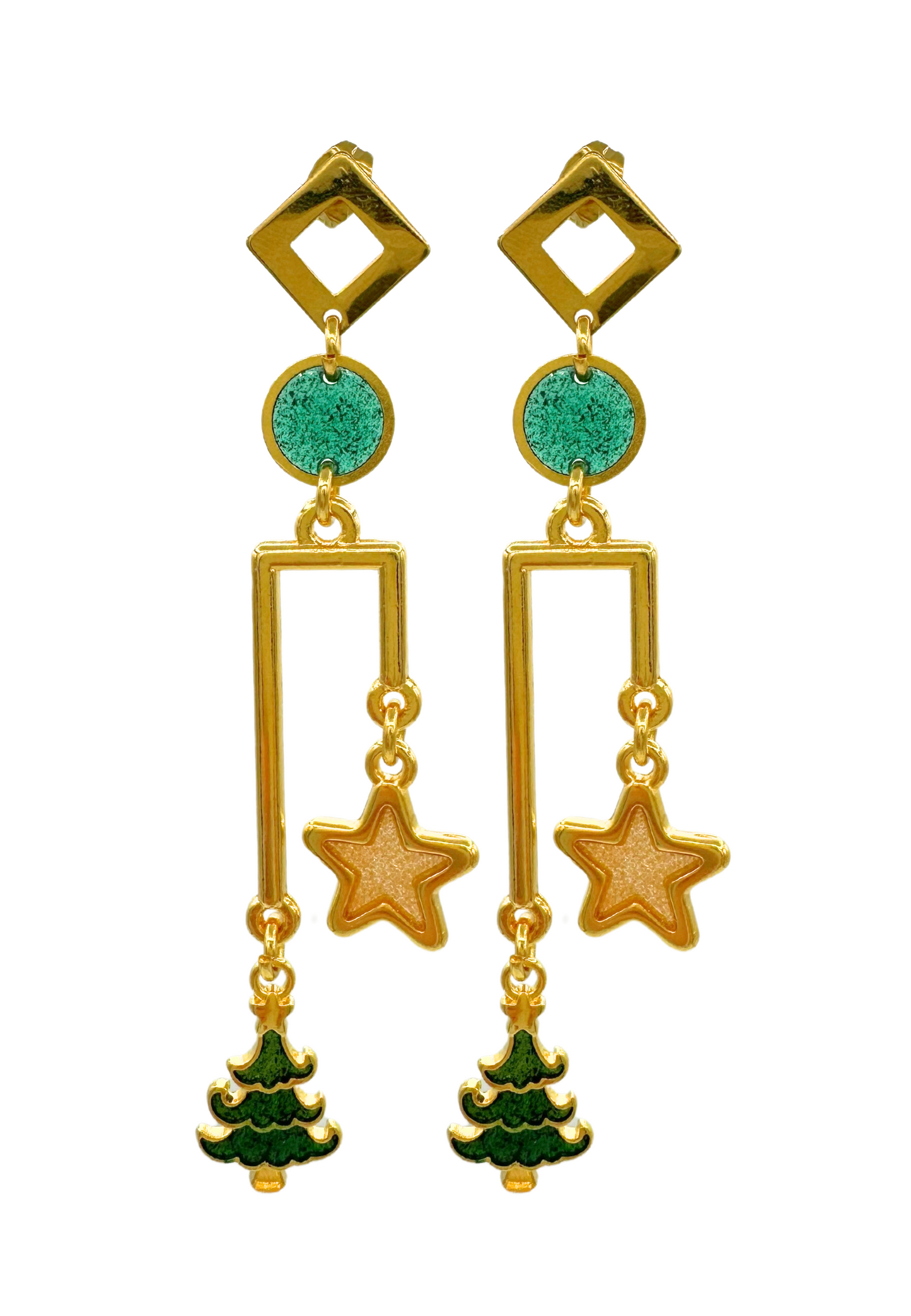 Geometrische kerst oorringen met kerstboom en gouden sterren
