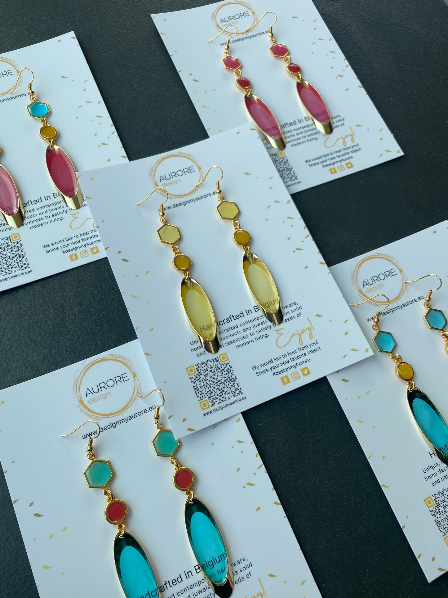 Lange meerkleurige oorhangers, blauw/geel